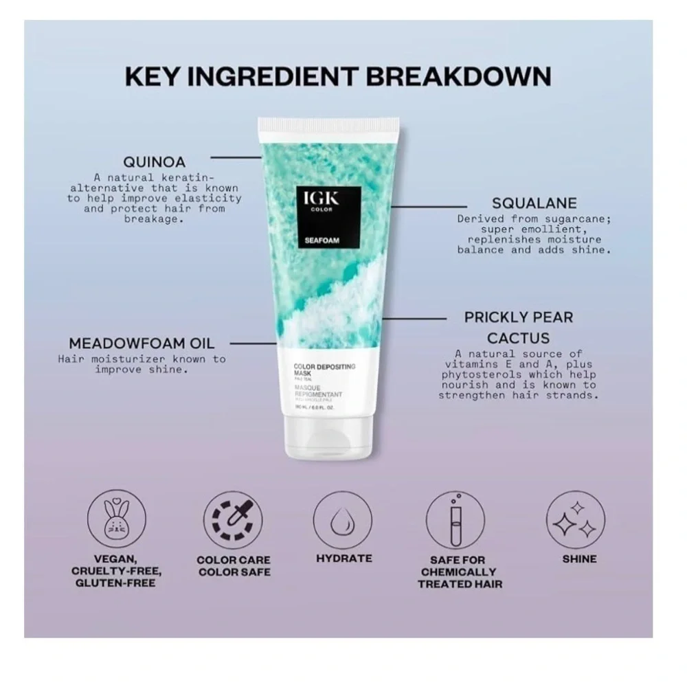 IGK Seafoam Pale Teal Color Depositing Conditioning Hair Mask Full Size 6 Oz NWT